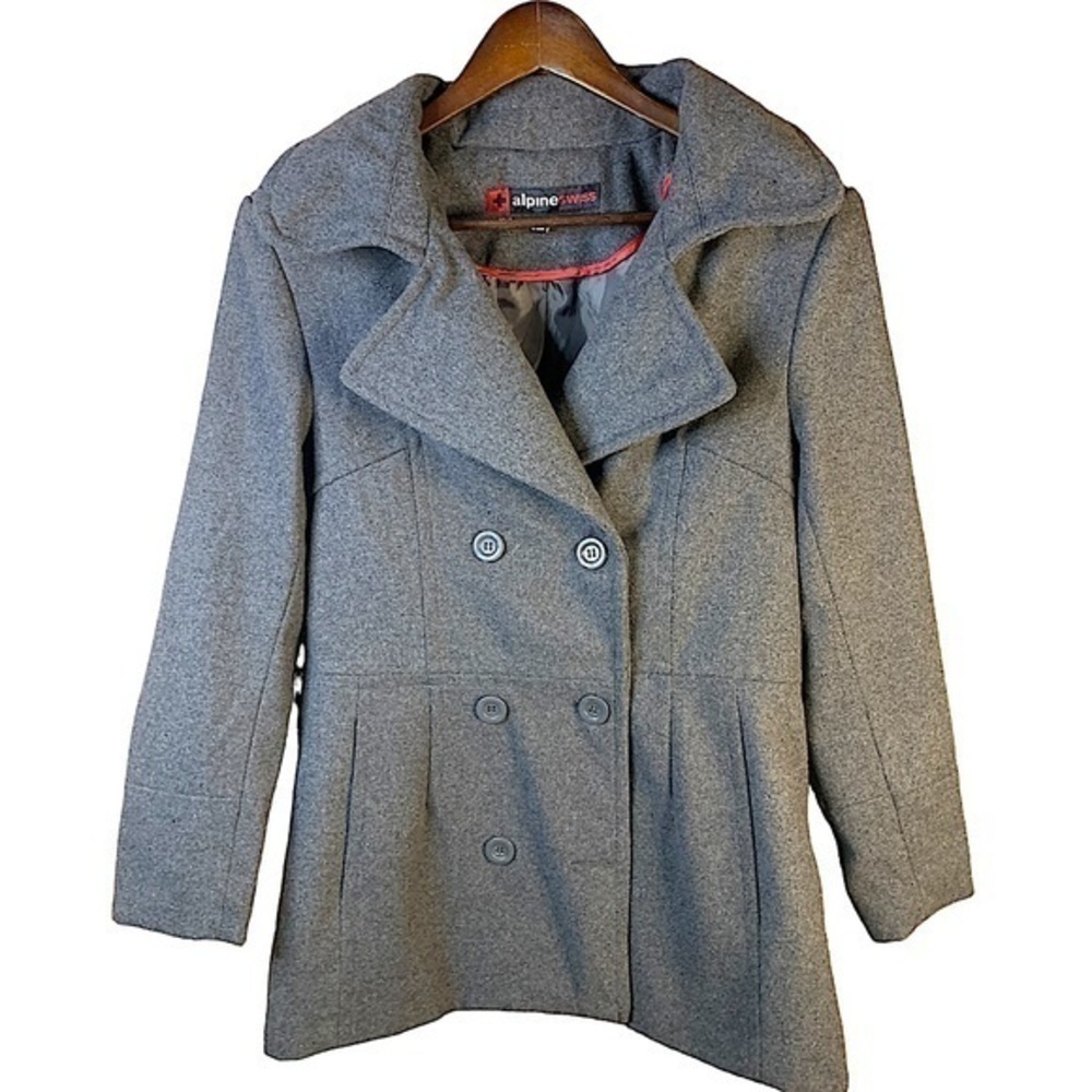 Ladies Grey Pea Coat Size Medium Alpine Swiss Double Breasted Wool Blend Jacket
